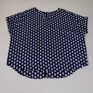 Chris & Carol Blouse Women's Plus Size 1X Navy Blue Paisley V-Neck Short Sleeve